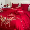 Juego de Ropa de Cama para Boda de Cuatro Piezas, Sábana y Funda de Edredón 100% Algodón Puro para Boda, Rojo Brillante, Para Recién Casados, 4 Dragones y Fénix Estilo Chino