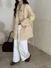 Casaco de lã dupla face de comprimento médio com gola boneca, toque de alta qualidade, para o trabalho, de abotoamento simples, simples, casaco de lã espessada
