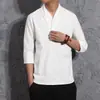 Camiseta Retro de Algodão e Linho Estilo Chinês Gola V Linho Hanfu Verão Sete-mangas Moda Solta Tamanho Grande Moda Meia-manga Masculino