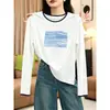 Diseño estilo coreano, camiseta de manga larga de algodón de alta calidad, capa interior para mujer, top azul marino simple y elegante, colección de otoño