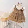 Outono 2026 Vestido Patchwork de Couro Falso Duas Peças com Laço para Meninas Pequenas Moda Bebê Menina Vestido Princesa de Malha com Manga Longa