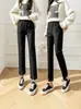 Pantalones Negros de Nuevo Estilo para Primavera y Otoño con Dobladillos Abiertos, de Cintura Alta, Elásticos, Caída Suelta, Resistentes a las Arrugas, Simples y Elegantes, Pantalones de Pierna Recta Adelgazantes para Mujer