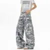 Calça cargo camuflada cinza e branca estilo high street americana para homens e mulheres, jeans de perna reta solto com multi-bolsos para o outono