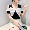 Camiseta de verano elegante de moda con escote en V y lazo de manga corta con hombros descubiertos para mujer, camiseta ajustada que combina con todo, camiseta pequeña de moda