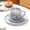 Taza de Agua, Taza de Café Estilo Coreano de Verano, Taza y Platillo de Café Rayado, Juego de Tazas de Cerámica con Tinta Salpicada, Exquisita Taza de Té de la Tarde