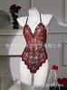 Lingerie Sexy Body de Renda Bicolor com Gola Halter e Abertura na Virilha Transparente