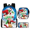 Monstruo de Pelo Verde Grinch Mochila Escolar Grinch Transfronteriza Nueva Mochila Escolar Mochila de Dibujos Animados Bolso de Tres Piezas Estuche para Lápices