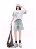 Shorts de Mezclilla Retro Americano Azul Claro para Mujer, Verano Cintura Alta Rectos Adelgazantes Rasgados Pierna Ancha Longitud Media
