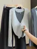 Cardigã de tricô com gola V de cor contrastante, estilo duas peças falsas emendadas, de manga comprida, para mulheres, novo estilo outono, modelador e versátil, com design de botões