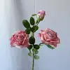 Flores Artificiales para Uso en Bodas, Rosas al por Mayor Transfronterizas, Flores Falsas, Rosas de 3 Cabezas con Borde Tostado, Flores Artificiales para Arreglo de Escenas, Flores de Seda