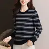Nuevo Suéter de Punto Rayado de Contraste para Mujer Primavera/Otoño Cuello Redondo Versátil Adelgazante Elegante Suéter Corto de Manga Larga