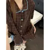 Conjunto de Shorts de Manga Curta com Gola de Renda Azul e Xadrez Marrom Novo para Verão 2026 para Mulheres, Estilo Coreano Vintage, Roupa de Casa Solta
