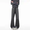 Jeans Masculino Jacquard Xadrez Grande + Estoque Profundo Rústico Bonito Micro Flare Slim Fit Calça Casual Streetwear Americano c