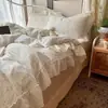 Conjunto de quatro peças em gaze dupla 100% algodão, estilo francês, com renda vazada, padrão floral, para camas de 1,5m/1,8m, incluindo lençol de baixo e capa de edredom, conjunto de três peças 100% algodão
