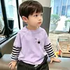 Camiseta de manga larga a rayas de algodón puro para niños, nuevo estilo primavera y otoño, camiseta básica para niños, top casual elegante de dos piezas simuladas