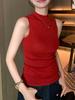 Camisole de Tricô Vermelha Estilo Hong Kong/Estilo Francês com Gola Meia-Alta para Mulheres, Gola Alta Pequena, Sem Mangas, Adequada para Usar sob um Blazer