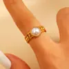 Anillo de Acero Inoxidable con Diseño de Flor de Gota de Agua Hoja Perla, Anillo Apilable, Anillo para Dedo Índice para Mujeres, Joyería Transfronteriza Europea y Americana