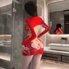 Ropa Íntima Sexy Europea y Americana de Manga Larga con Aberturas para Mujer, Falda de Malla Transparente con Espalda Descubierta y Cadera Expuesta, Calcetines de Red Calientes, Ropa de Malla Ajustada