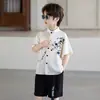 Camisa Jacquard de Cetim para Meninos, Novo Estilo Chinês, Roupa de Aniversário para Menino Florista de Manga Curta, Roupa para Apresentação e Fotografia de Apresentador para Meninos