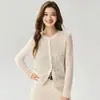 Fio Herbalife ~%Seda de Amora%Malha de Caxemira Cardigan Tricotado Feminino Gola Redonda Crochê Vazado Casaco Suéter