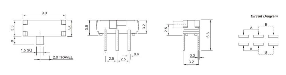 侧拨6脚插件拨动开关