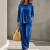 2026 Ropa Nueva Transfronteriza Europea y Americana Casual Suéter de Cuello Redondo Manga Larga Pantalones Extensos Traje de Terciopelo Multicolor para Mujer