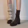 Botas adelgazantes de tacón grueso estilo ballet suave francés 2026 Modelo nuevo Cremallera lateral de lazo Botas elásticas versátiles para mujer