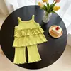 Conjunto Verão Meninas Dopamina Seda Gelo Fina Bebês Alça Espaguete Top Calça Flare Casual Comércio Exterior