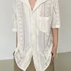 Camisa Casual Retro Simple de Manga Corta con Cuello Cubano Hueco Diseño Perezoso Protección Solar Sin Planchar para Hombre y Mujer