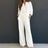 Roupas femininas transfronteiriças europeias e americanas 2026, novo conjunto casual e relaxado de outono, camisa de manga longa lisa em waffle e conjunto de calças