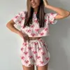 Conjuntos deportivos y de ocio europeos y americanos nuevos para primavera y verano 2025 para mujer, estampados, recortados, con abertura, ombligo al descubierto, conjunto corto de dos piezas