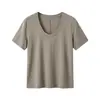 Camiseta de Manga Corta con Cuello en U de Color Sólido, Costura Trasera, de Tencel + Lino para Mujer, Estilo Nuevo, Fresca y con Caída, Top Holgado y Versátil para Mujer