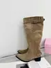 Botas caqui empilhadas, efeito emagrecedor, 2026 tamanho grande, camurça, plissadas, de cano alto, primavera/outono, bico fino, botas femininas de salto grosso