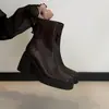 Versión de cuero suave~ Botines de suela gruesa que aumentan la altura para mujeres menudas, botines estilo Martin de tacón grueso, botines franceses delgados de punta cuadrada