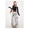 Pantalones Deportivos Holgados con Estampado de Letras Transfronterizo, Cordón, Dobladillo Curvo, Estilo Retro, Nuevo Diseño, Patchwork, Estilo Americano, Estampado de Leopardo