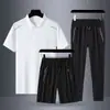 Traje de verano para papá, para hombres de mediana edad y mayores, deportivo, de verano, de seda helada, con camisa polo de manga corta, traje de tres piezas para hombre