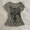 Top Y2K Modelador Estampado Temperamento Feminino Estilo Americano Europeu Camiseta Punk Verão Manga Curta Gótico Cinza Hot Drilling Atacado