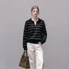 Suéter tejido casual de otoño holgado con bloques de color y rayas, con cuello camisero