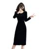 Vestido Feminino Outono Nova Moda Estilo Hepburn Veludo Gola Quadrada Slim Fit Comprimento Médio