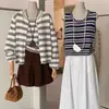 Conjunto de Duas Peças Cardigan Colete de Tricô Listrado Estilo Coreano para Mulheres Outono e Inverno Suéter Outer Preguiçoso Jaqueta Top Conjunto