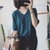 Camiseta holgada de estilo coreano para mujer, blusa informal de manga media con cuello en V, combinable con todo, de color liso, nueva primavera y verano