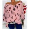 Ropa de mujer europea y americana de talla grande, nueva camisa informal holgada con estampado de plumas, cuello en V y media manga, de verano