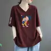 Comércio Exterior Transfronteiriço Roupas de Verão para Mães Estampadas Decote V Solto Tamanho Grande Casual Elegante Camiseta Feminina para Mulheres de Meia-Idade