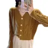 Cardigan de Punto de Color Sólido de Nuevo Estilo Otoño e Invierno para Mujer, Cuello en V, Tejido de Trenzas, Manga Larga, Estilo Corto, Suéter de Punto de Botones, Moda Trendy para Mujer