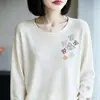 Suéter Holgado de Punto Bordado Artístico Retro para Mujer, Manga Larga, Otoño Invierno, Capa Base Casual