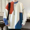 Suéter de punto con diseño patchwork para hombre, otoño e invierno, suéter de moda estilo americano con bloques de color, talla grande, chaqueta suéter cómoda de cuello redondo