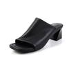 Pantuflas exteriores minimalistas estilo lazy de primera capa de piel de oveja 2025 verano tacón grueso tacón medio punta cuadrada punta abierta sandalias de cuero genuino para mujer