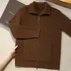 Suéter 100% Caxemira Masculino Gola Lapela com Bolso Agulha de Ouro Zíper Cardigã Moda Casual Tricô Quente Jaqueta Suéter