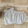 Conjunto de Verão Estilo Ins Simples de Xadrez Sem Mangas + Shorts para Bebês Meninas Conjunto de Duas Peças