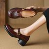 Sencillos Zapatos Mary Jane Vintage Texturizados de Piel de Oveja Otoño 2024 Suela Gruesa Tacón Medio Grueso Punta Redonda Grande Holgados Zapatos de Cuero de Una Capa para Mujer